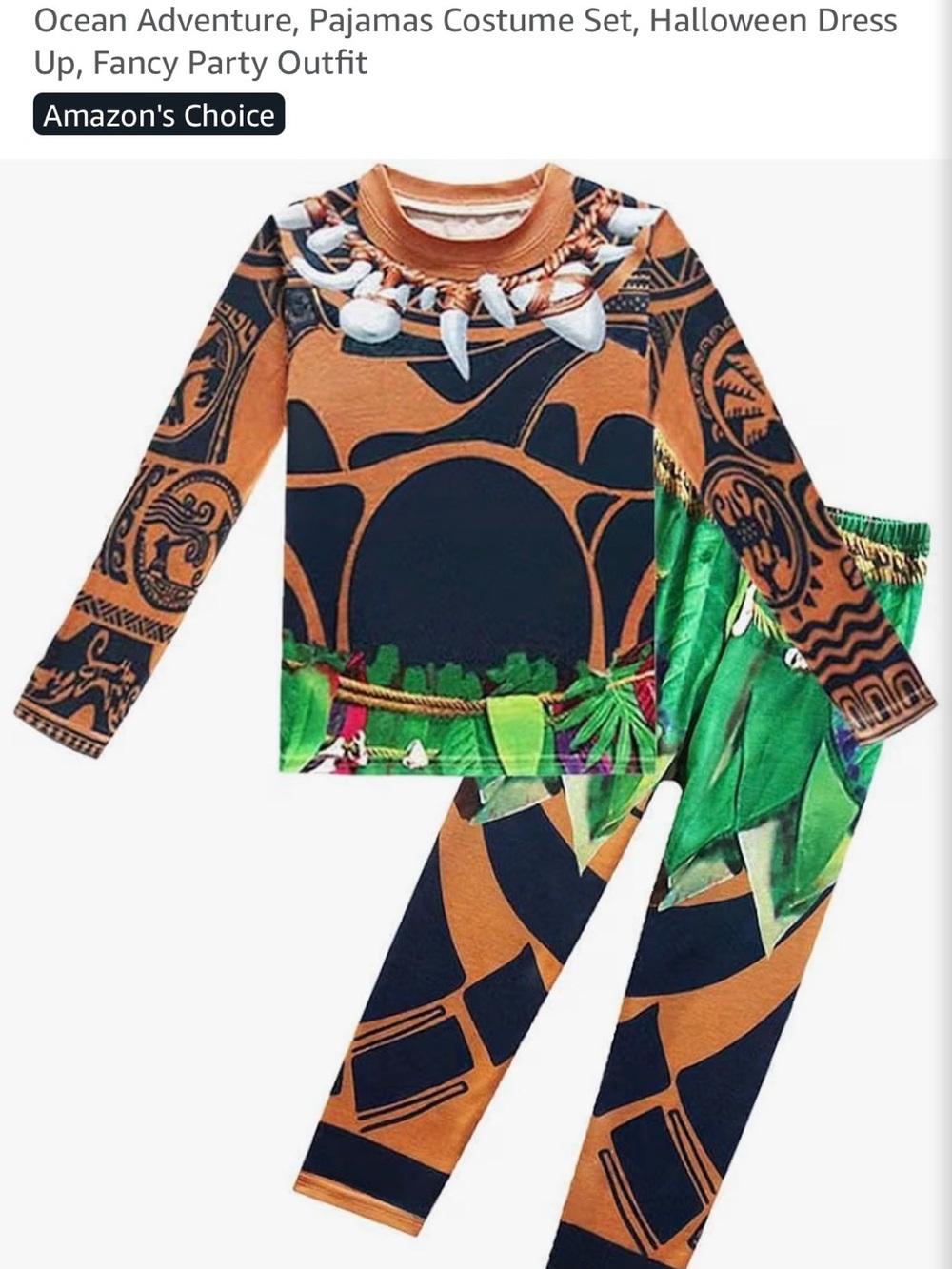 Moana inspired Kids Costume Pajama Set - Orange & Green
